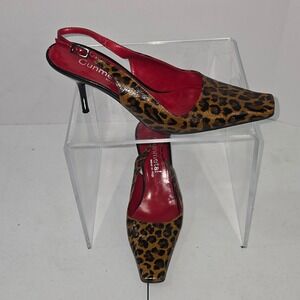 Gunmetal Italy Leopard Print Slingback Heels Leather Pointed Toe Pumps 6.5B